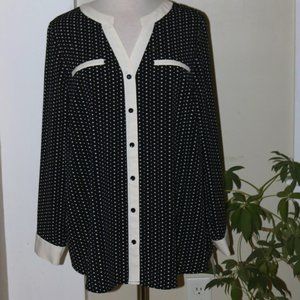 Catherine's Black White Dot w White Trim Collarless Button Up Blouse Sz 14/16